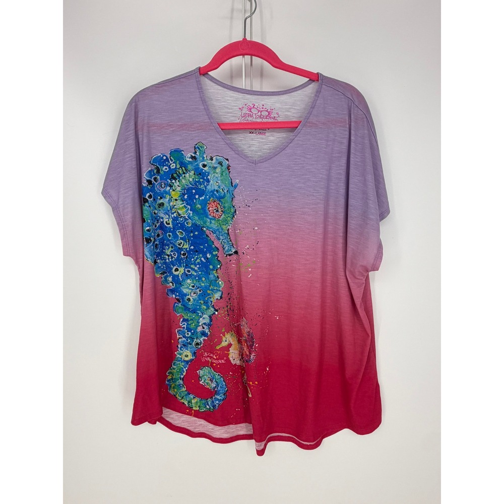 Leoma Lovegrove Seahorse T-Shirt Womens XXL Pink Purple Ombre Beaded Beach Art